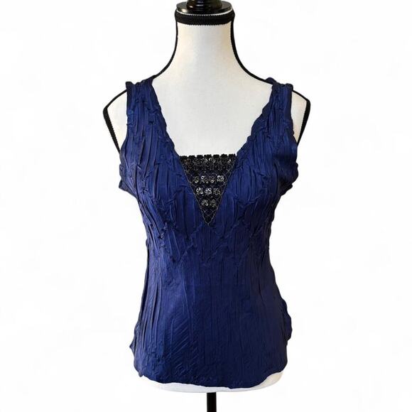 y2k‎ vtg. Midnight Blue Beaded Crinkle Top Blouse kOMAROVsize Medium - Picture 1 of 8